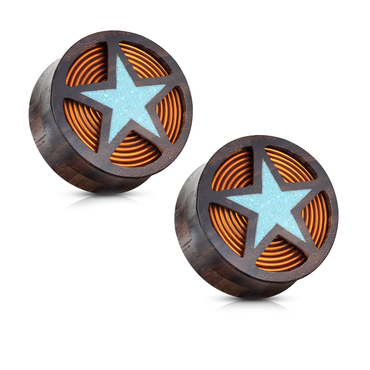 BodyJewelryOnline Double Flared Ear Stretcher Saddle Plugs Gauge (Pair), Crushed Turquoise Filled Cut Out Star, Coil Inside Organic Sono Wood Flesh Tunnels, Comfortable, 1” Gauge Size, Polished