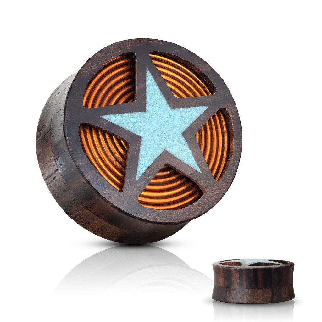 BodyJewelryOnline Double Flared Ear Stretcher Saddle Plugs Gauge (Pair), Crushed Turquoise Filled Cut Out Star, Coil Inside Organic Sono Wood Flesh Tunnels, Comfortable, 1” Gauge Size, Polished