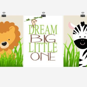 Safari Animals Nursery Art Decor Set of 3 - Monkey, Zebra and Lion - Dream Big Little One - Gender Neutral Jungle Baby - Multiple Sizes