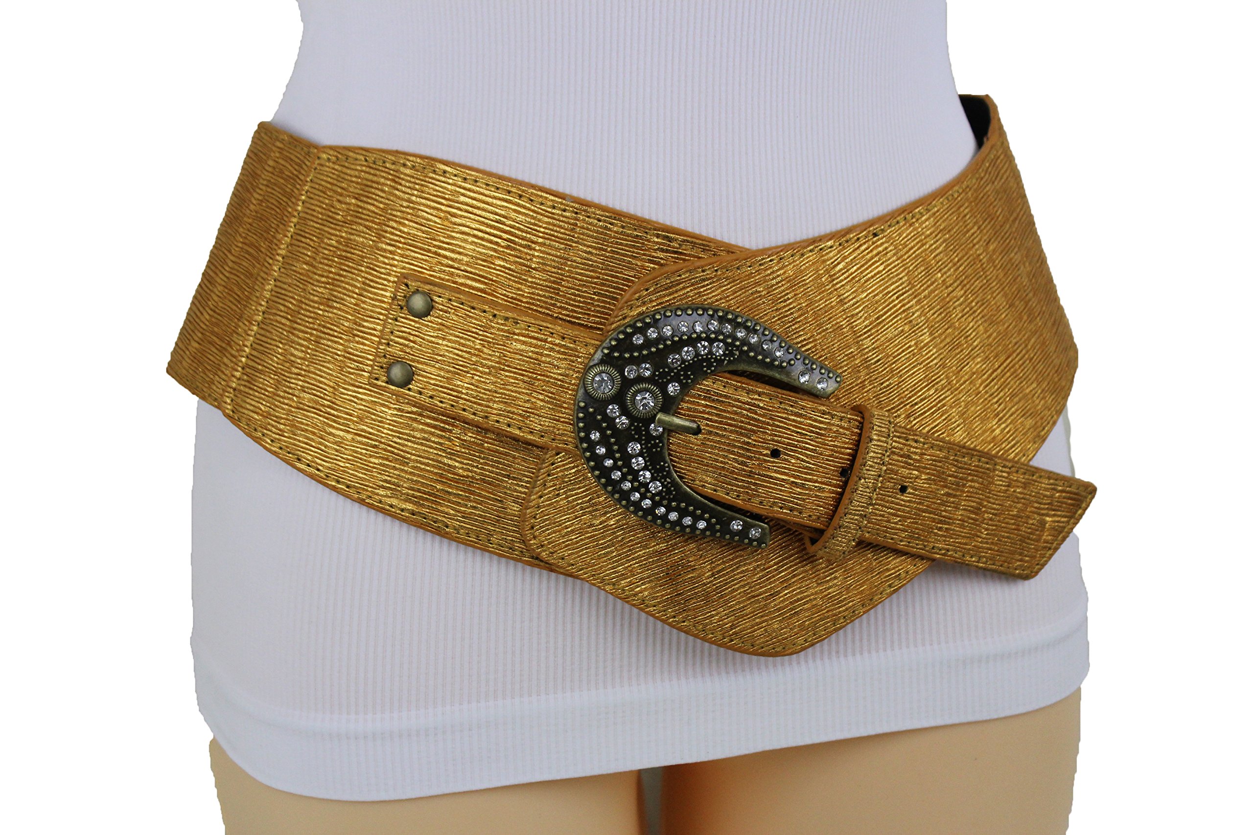 Trendy Fashion Jewelry TFJ Women Wide Western Belt Hip High Waist Faux Leather Dressy M L Metallic Gold