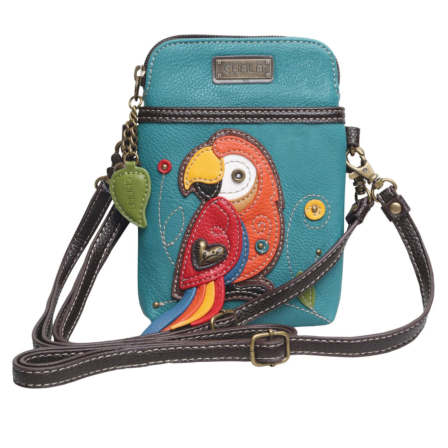 CHALA Cell Phone Crossbody Purse-Women PU Leather/Canvas Multicolor Handbag with Adjustable Strap - Red Parrot - turquoise