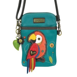 CHALA Cell Phone Crossbody Purse-Women PU Leather/Canvas Multicolor Handbag with Adjustable Strap - Red Parrot - turquoise