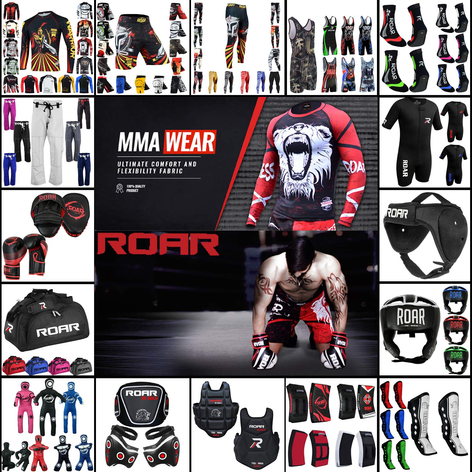 Roar No Gi Wear MMA Rash Guards & MMA Shorts Set BJJ Grappling Jitsu Training (Warrior, Small)