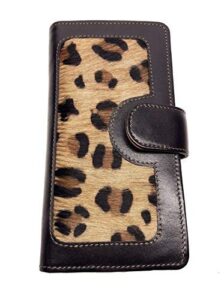 lw-1803 black leopard ladies wallet|10 card slots|1 card window|4 slide pockets|1 zip pocket | cowhide black leather & cowhide leopard