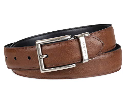 Tommy Hilfiger Men's Reversible Leather Belt - Casual for Mens Jeans with Double Sided Strap and Silver Buckle , cognac/black, 34