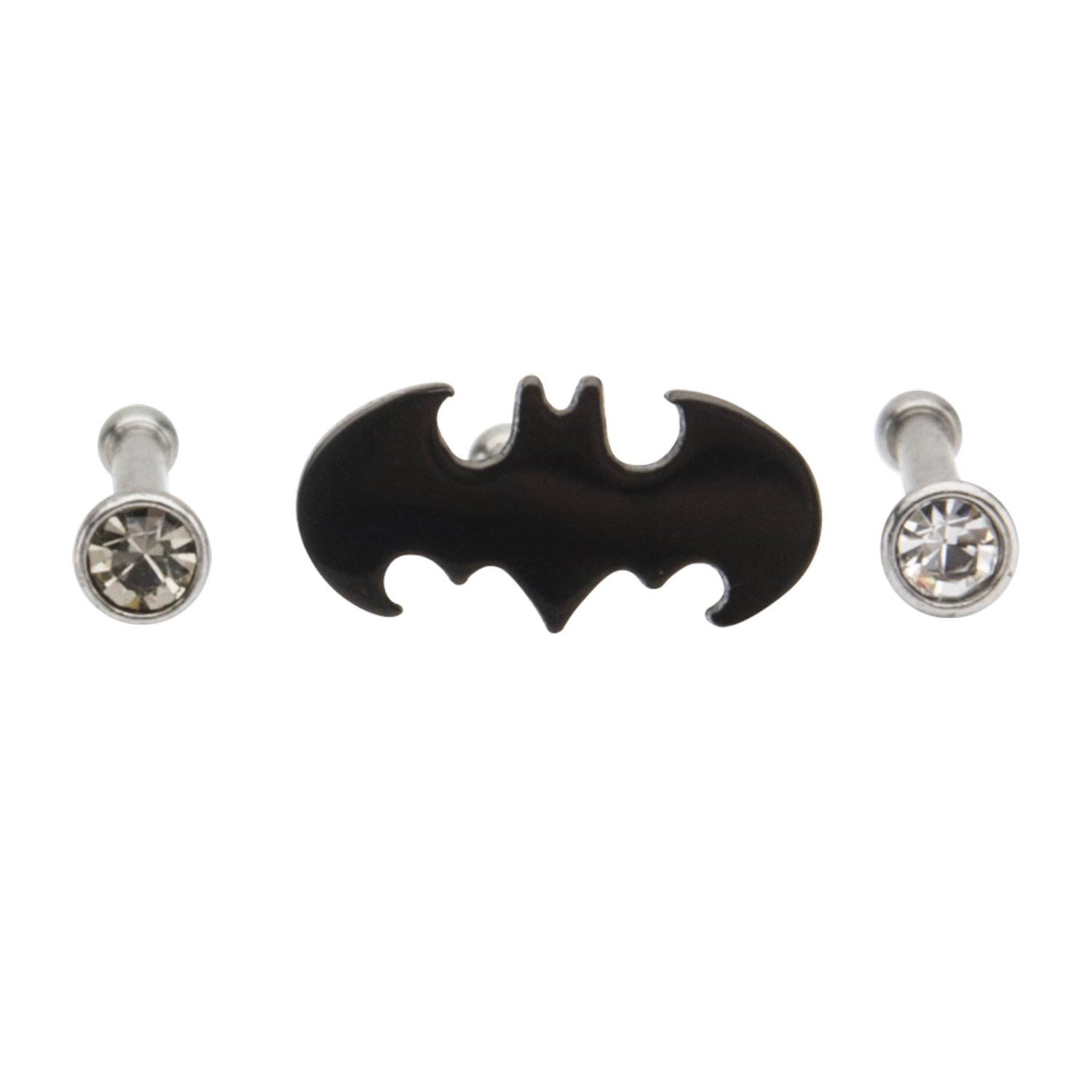 DC Comics Officially Licensed Unisex Batman Logo and Cleaz CZ Nose Bone Body Piercing Jewelry-20 gauge (3 piece set), Silver/Black, One Size