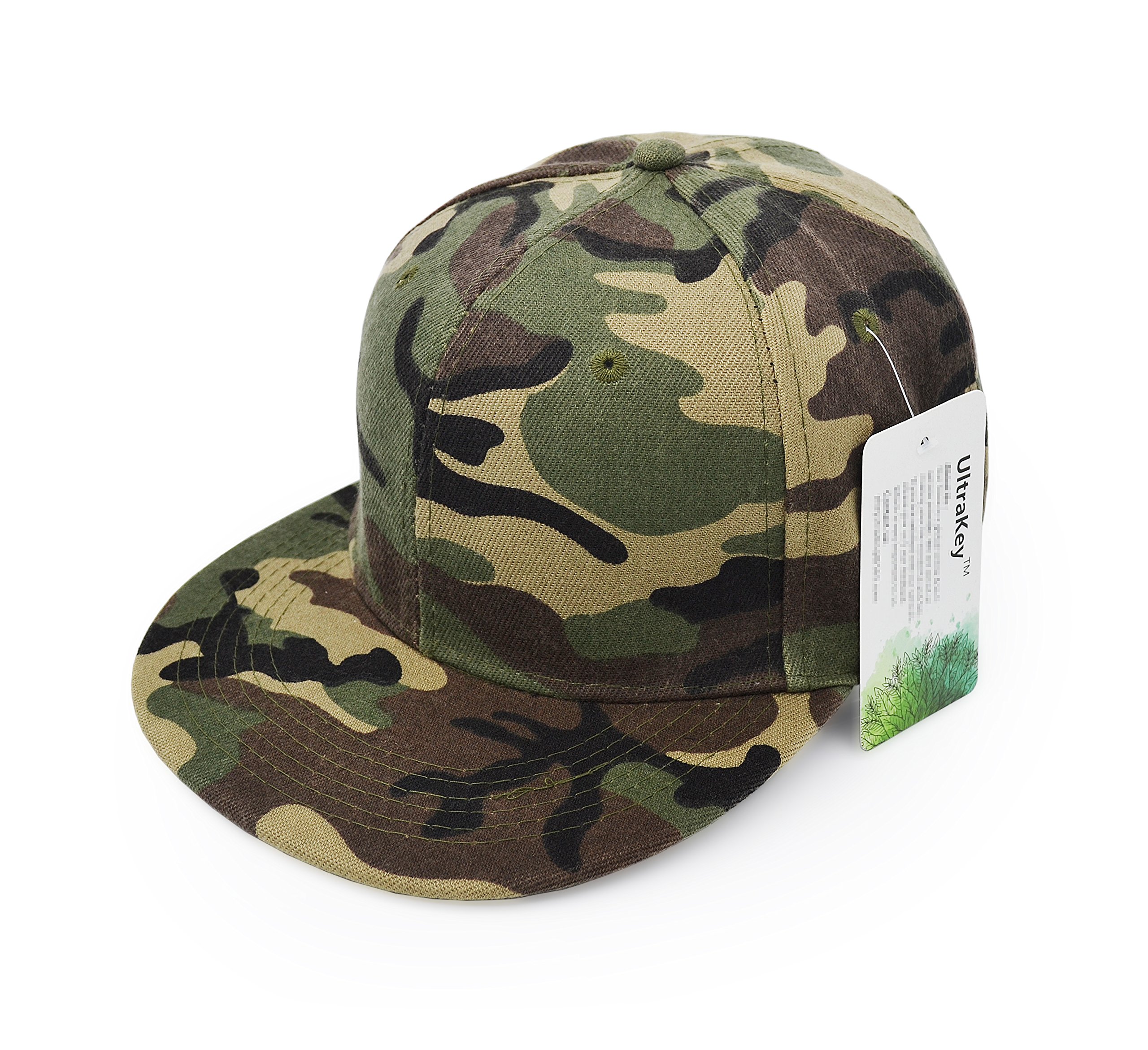 UltraKey Flat Brim Cap, Army Military Camo Baseball Cap Camouflage Hip Hop Flat Bill Plain Snapback Hats Green