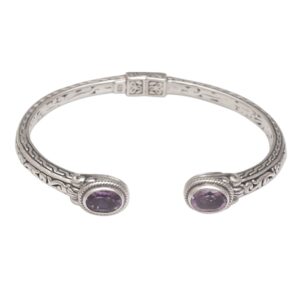 NOVICA Artisan Handmade Amethyst Cuff Bracelet Modern Balinese 925 Silver Sterling Purple Indonesia Birthstone [5.5 in L (end to End) x 0.4 in W] ' Magical Attraction'