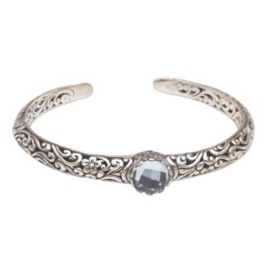 novica artisan handmade blue topaz cuff bracelet silver fair trade artisan crafted sterling indonesia floral birthstone [6 in l (end to end) x 0.3 in w] ' forest nymph'