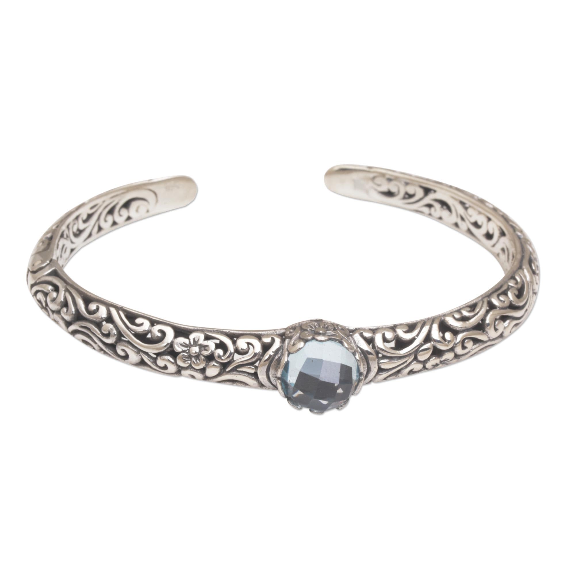 NOVICA Artisan Handmade Blue Topaz Cuff Bracelet Silver Fair Trade Artisan Crafted Sterling Indonesia Floral Birthstone [6 in L (end to End) x 0.3 in W] ' Forest Nymph'