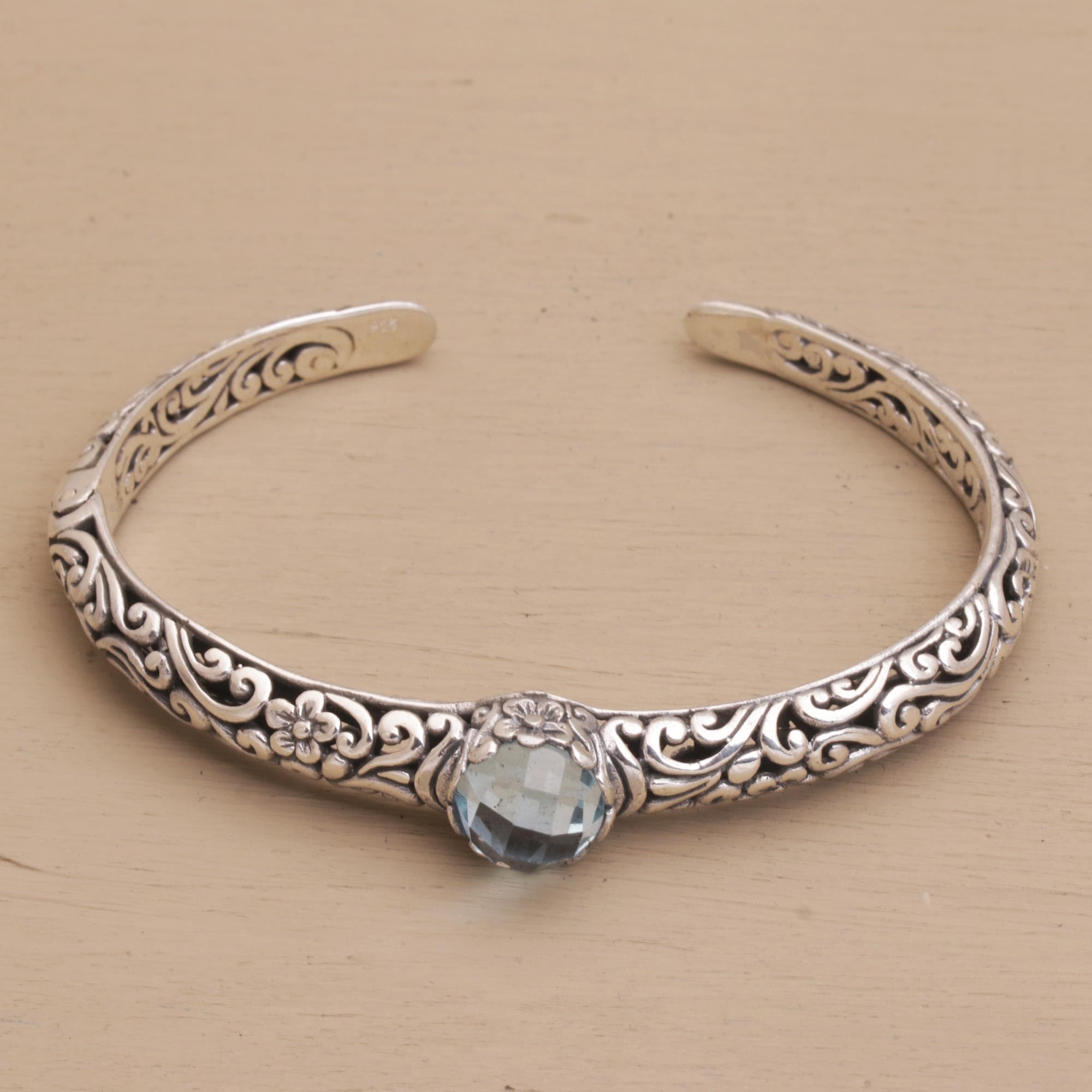 NOVICA Artisan Handmade Blue Topaz Cuff Bracelet Silver Fair Trade Artisan Crafted Sterling Indonesia Floral Birthstone [6 in L (end to End) x 0.3 in W] ' Forest Nymph'