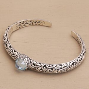 NOVICA Artisan Handmade Blue Topaz Cuff Bracelet Silver Fair Trade Artisan Crafted Sterling Indonesia Floral Birthstone [6 in L (end to End) x 0.3 in W] ' Forest Nymph'