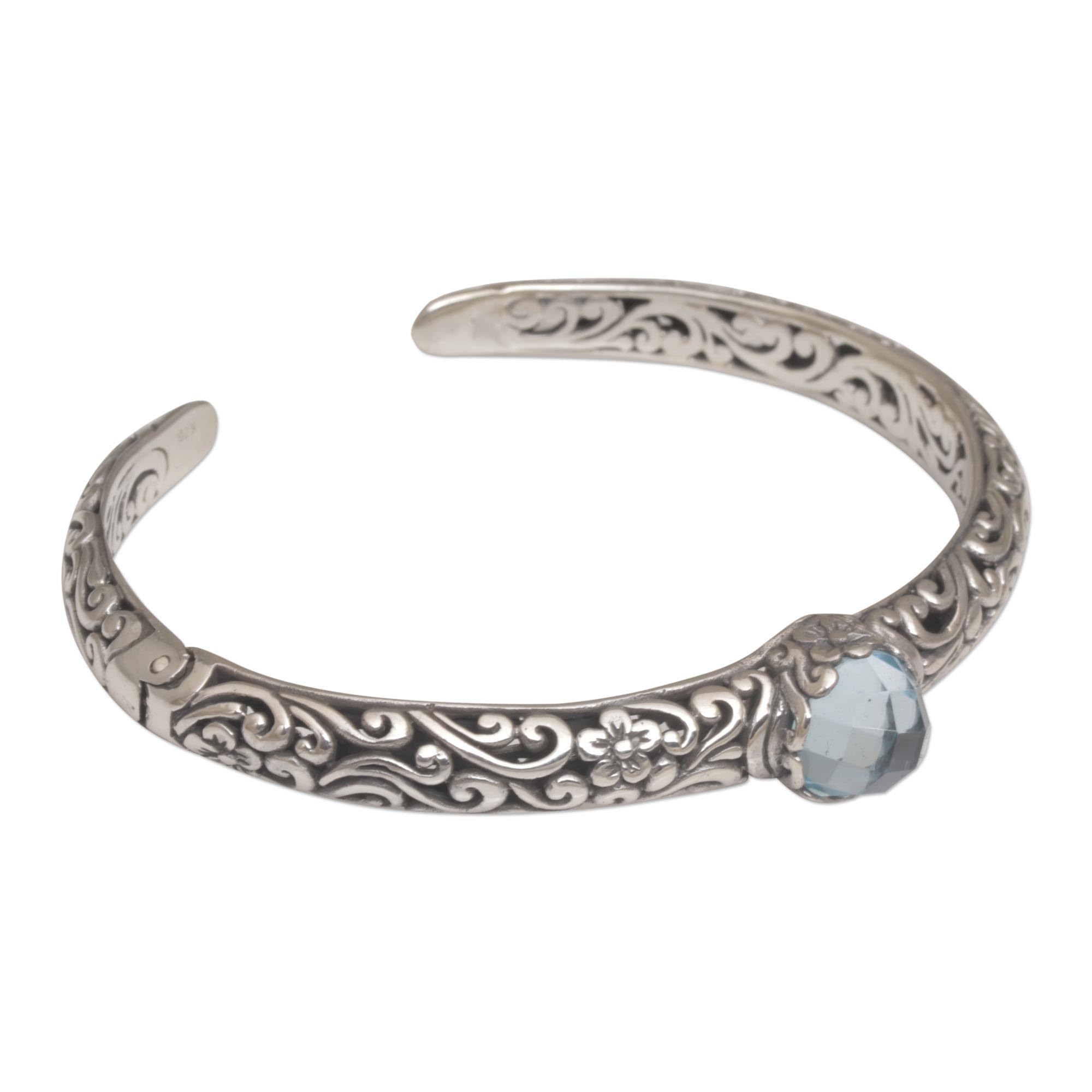 NOVICA Artisan Handmade Blue Topaz Cuff Bracelet Silver Fair Trade Artisan Crafted Sterling Indonesia Floral Birthstone [6 in L (end to End) x 0.3 in W] ' Forest Nymph'