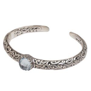 NOVICA Artisan Handmade Blue Topaz Cuff Bracelet Silver Fair Trade Artisan Crafted Sterling Indonesia Floral Birthstone [6 in L (end to End) x 0.3 in W] ' Forest Nymph'