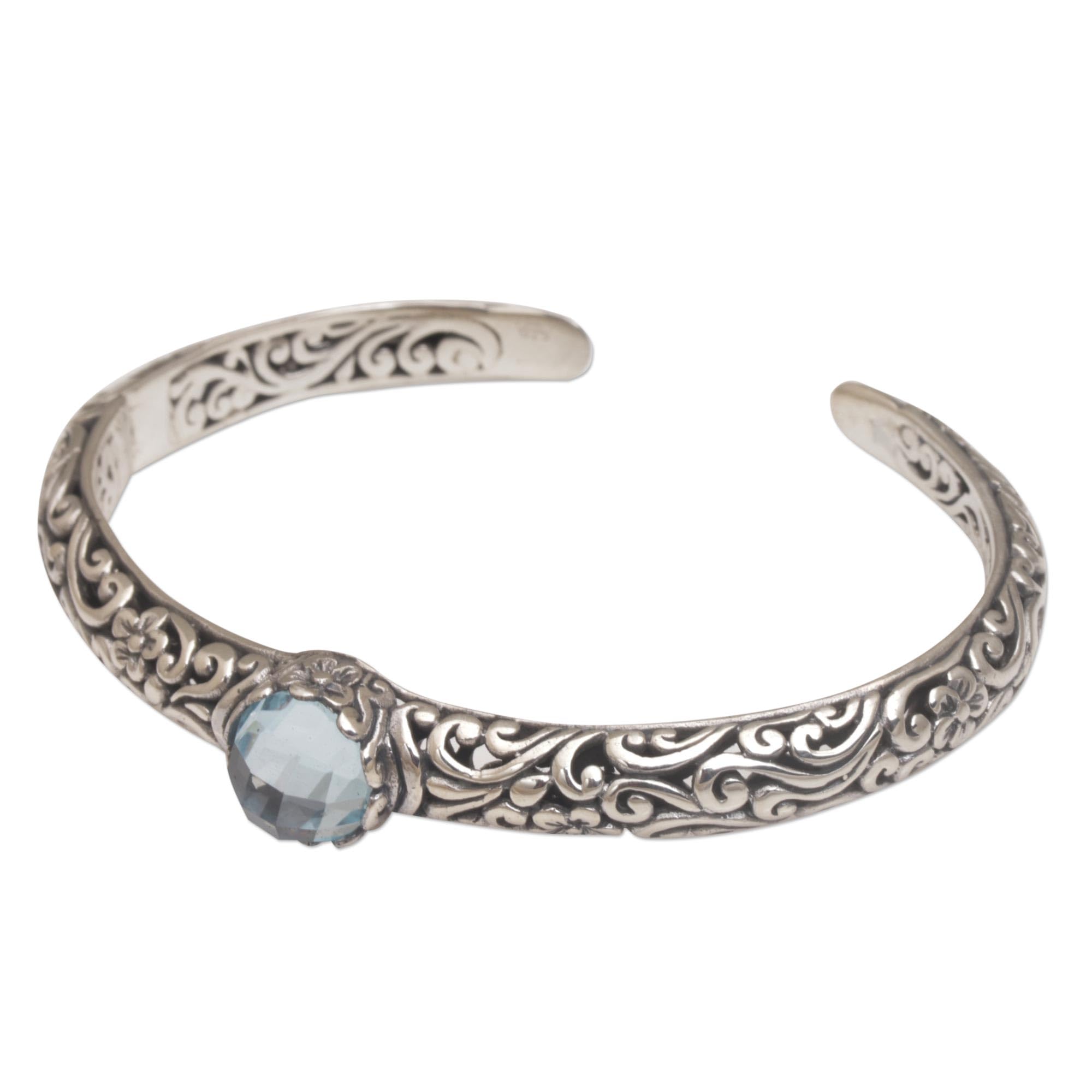 NOVICA Artisan Handmade Blue Topaz Cuff Bracelet Silver Fair Trade Artisan Crafted Sterling Indonesia Floral Birthstone [6 in L (end to End) x 0.3 in W] ' Forest Nymph'