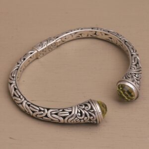 NOVICA Artisan Handmade Prasiolite Cuff Bracelet Balinese Style Hinged 925 Silver Sterling Green Indonesia [6.25 in L (end to End) x 0.5 in W] ' Our Two Souls'