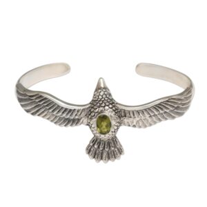 novica artisan handmade peridot cuff bracelet hawk motif in sterling silver green indonesia animal themed birthstone bird [5.75 in l (end to end) x 1.2 in w] ' spirit hawk'