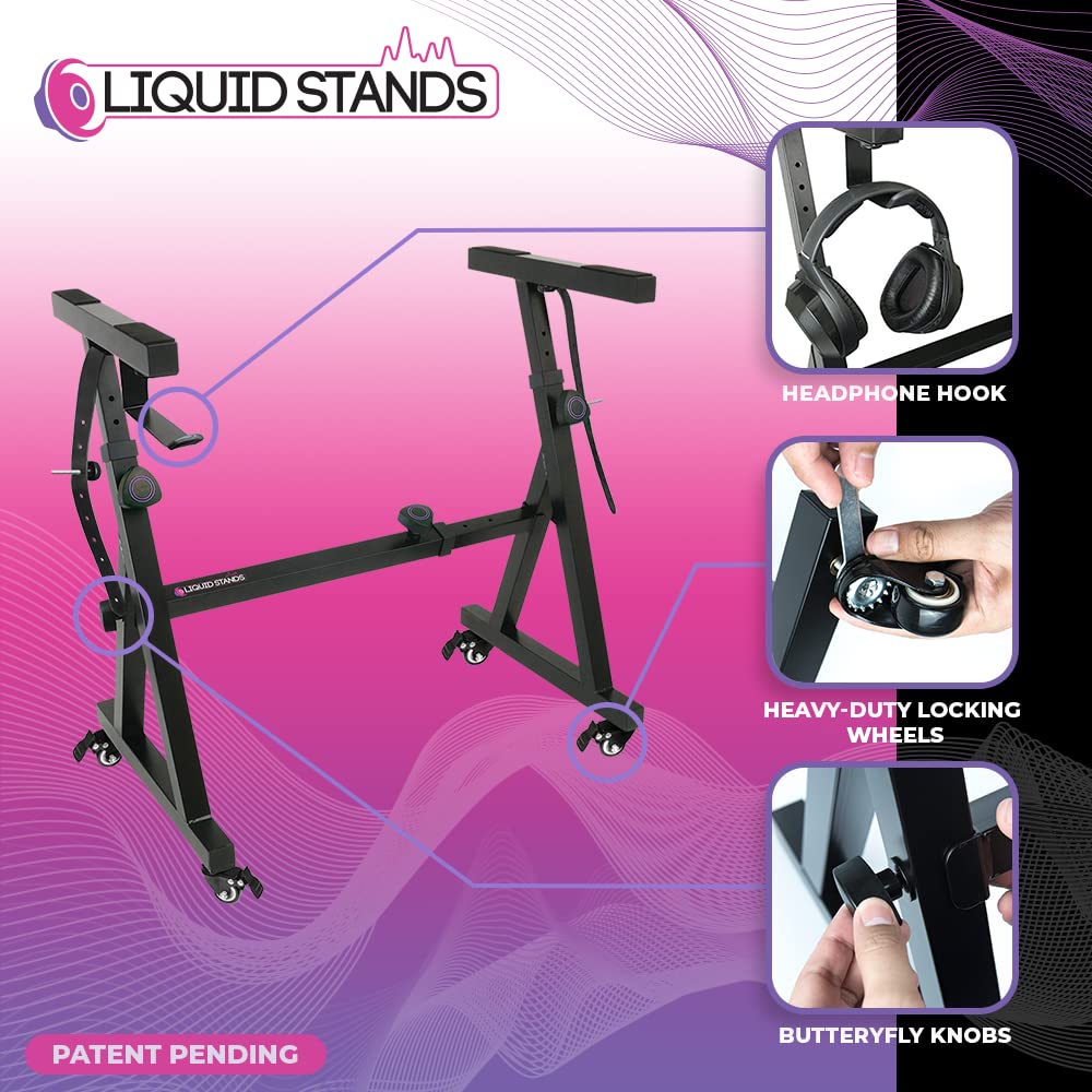 Liquid Stands Keyboard Stand w/ Wheels - Black Z Style Adjustable & Portable Professional Heavy Duty Digital Piano Stand - Fits 54-88 Key Electric Pianos - Sturdy Rolling Musical Keyboard Stand