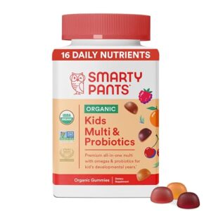 smartypants organic kids multivitamin gummies: probiotics, omega 3 (ala), vitamin d3, c, vitamin b12, b6, vitamin a, k & zinc for immune support, three fruit flavors, 120 count (30 day supply)