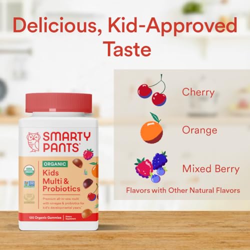 SmartyPants Organic Kids Multivitamin Gummies: Probiotics, Omega 3 (ALA), Vitamin D3, C, Vitamin B12, B6, Vitamin A, K & Zinc for Immune Support, Three Fruit Flavors, 120 Count (30 Day Supply)