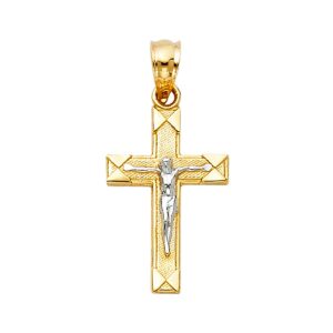 14K Yellow and White Gold Crucifix Cross Pendant - 20 x 11 MM Real Gold Jesus Cross Religious Charm Necklace Pendant - Ideal Gift for Men and Women