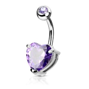 pierced owl 14ga double gemmed solitaire prong-set heart belly button ring (silver tone/purple)