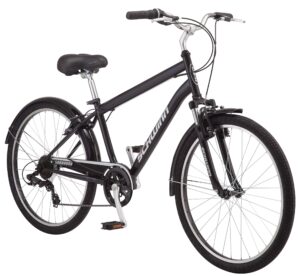 schwinn suburban adult classic comfort bike, mens and womens, 26-inch wheels, 7 speed drivetrain, 17-inch steel frame, alloy linear hand brakes, black