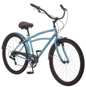 schwinn costin cruiser bike, for men and women, 7-speed, 27.5-inch wheels, suggested rider height 64-74-inches tall, blue