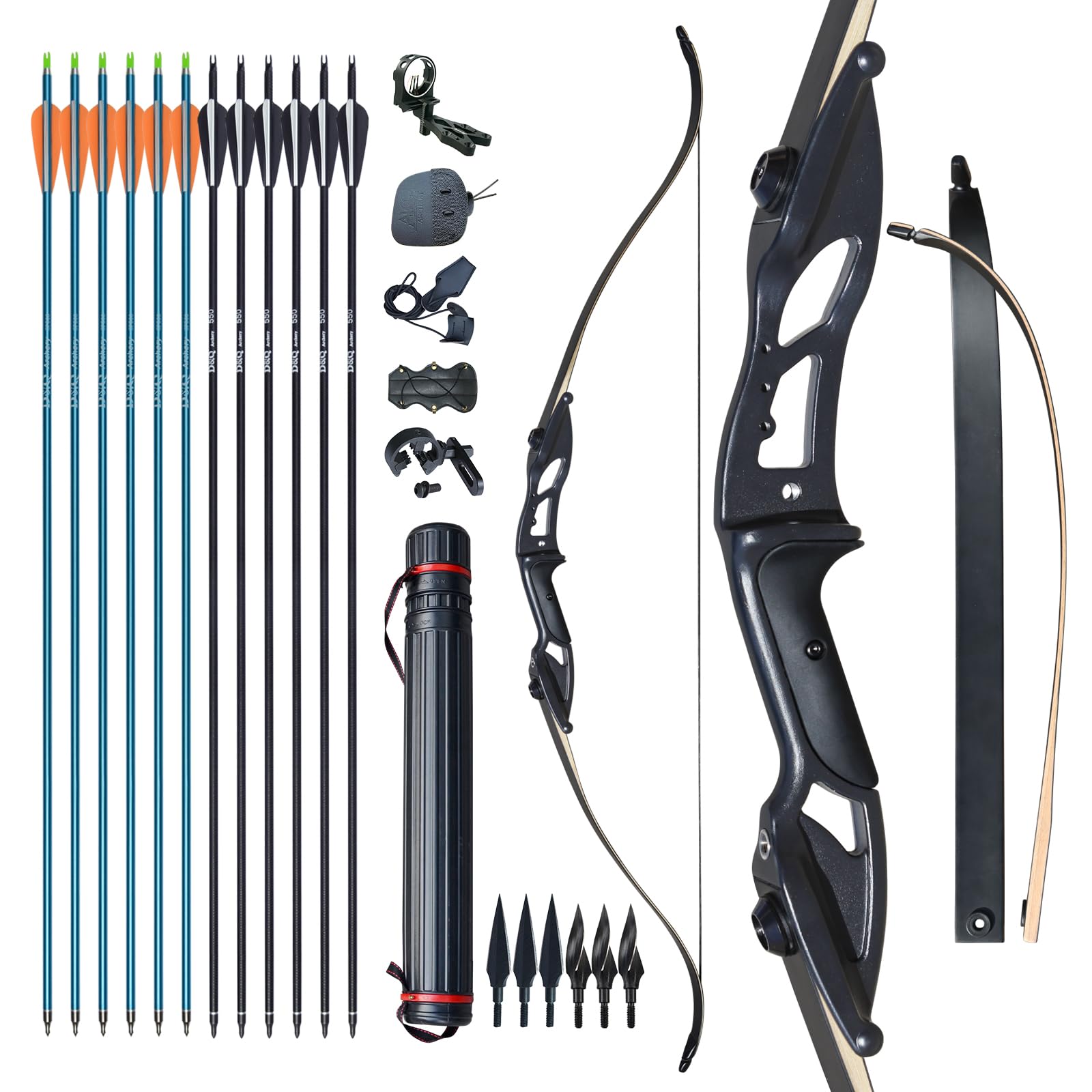 D&Q Bow and Arrow for Adults Takedown Recurve Bows Hunting Bow Archery Set Adult Longbows Kit 56" 30-50lb Right Hand Bow Aluminum Alloy Riser for Beginner and Professional Hunting Shooting（Black,50lb