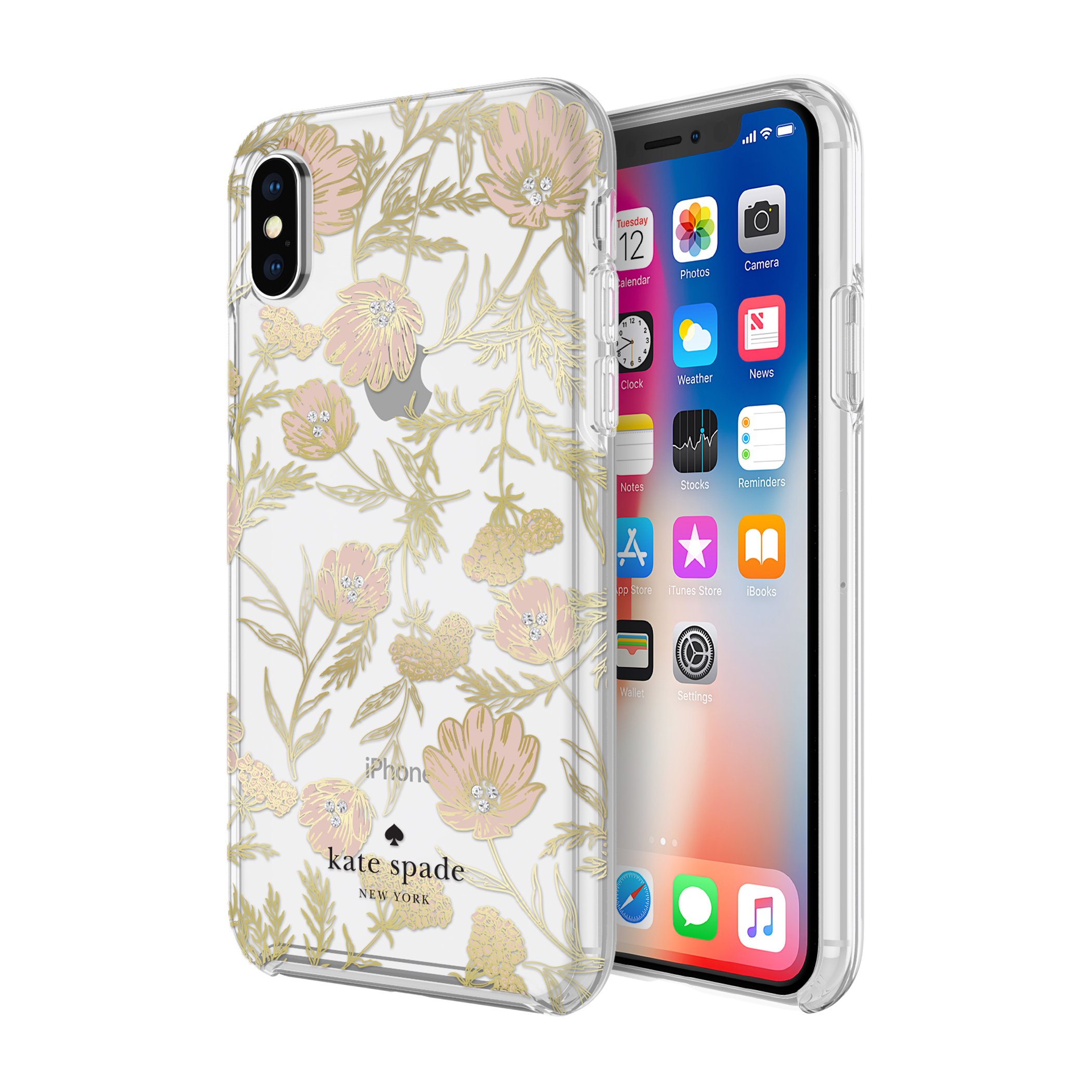 Kate Spade Floral iPhone X/XS Case - Slim, Bumper Protection, Blossom Pink/Gold with Gems