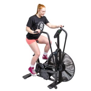 air bike [bells of steel] fan bike exercise bike, blitz cardio bike, belt driven air bike exercise machine with phone and bottle holder – 25in fan diameter, 350lb capacity stationary bike