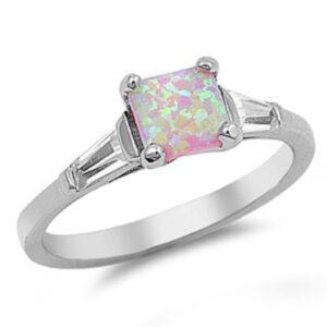 CloseoutWarehouse Princess Cut Center Pink Simulated Opal Ring 925 Sterling Silver Size 9