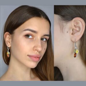 Amber Earrings - GIA Certified Baltic Multicolored Amber Dangling Earrings "April" - Sterling Silver Jewelry Collection