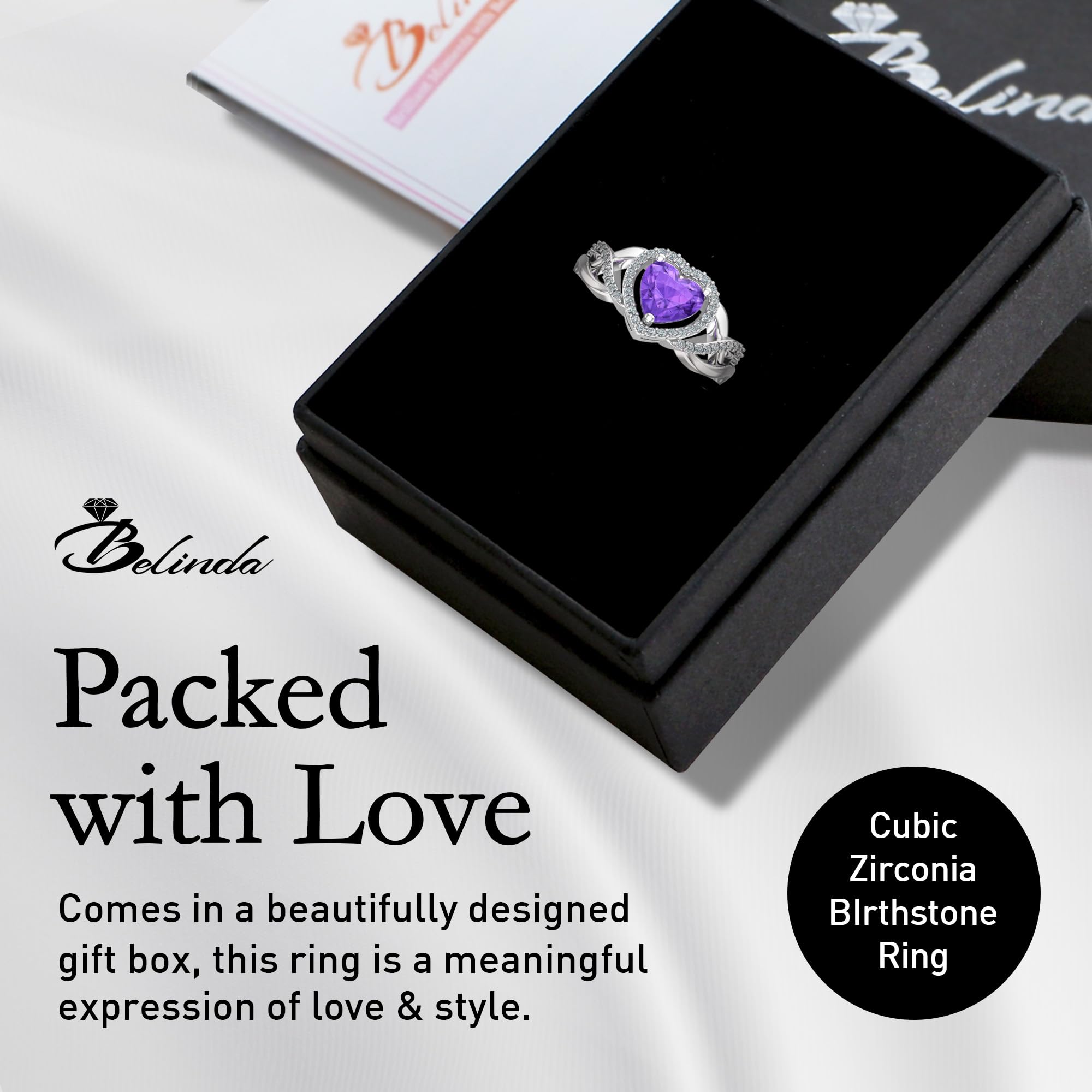 Belinda Jewelz Womens 925 Sterling Silver Purple Amethyst Gemstone Ring Size 6 Heart CZ Diamond Rhodium Twisted Band Jewelry Gift for Engagement Wedding