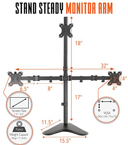 Stand Steady Triple Monitor Desk Stand with Tabletop Base, for Home or Office Use, Height Adjustable Computer Monitor Stand with Full Articulation VESA Mounts, Fits Most LCD/LED Monitors 13-32 Inches