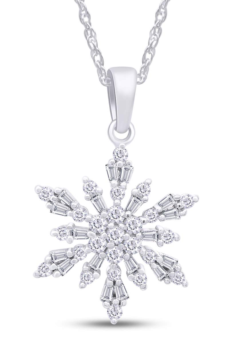 AFFY Baguette & Round White Cubic Zirconia Snowflake Charm Pendant Necklace in 14k White Gold Over Sterling Silver