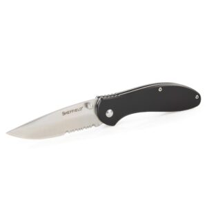 sheffield 12159 berda 3 inch drop point half-spring assisted tactical folding pocket knife, legal carry edc knife, camping, fishing, hunting knife, partially serrated