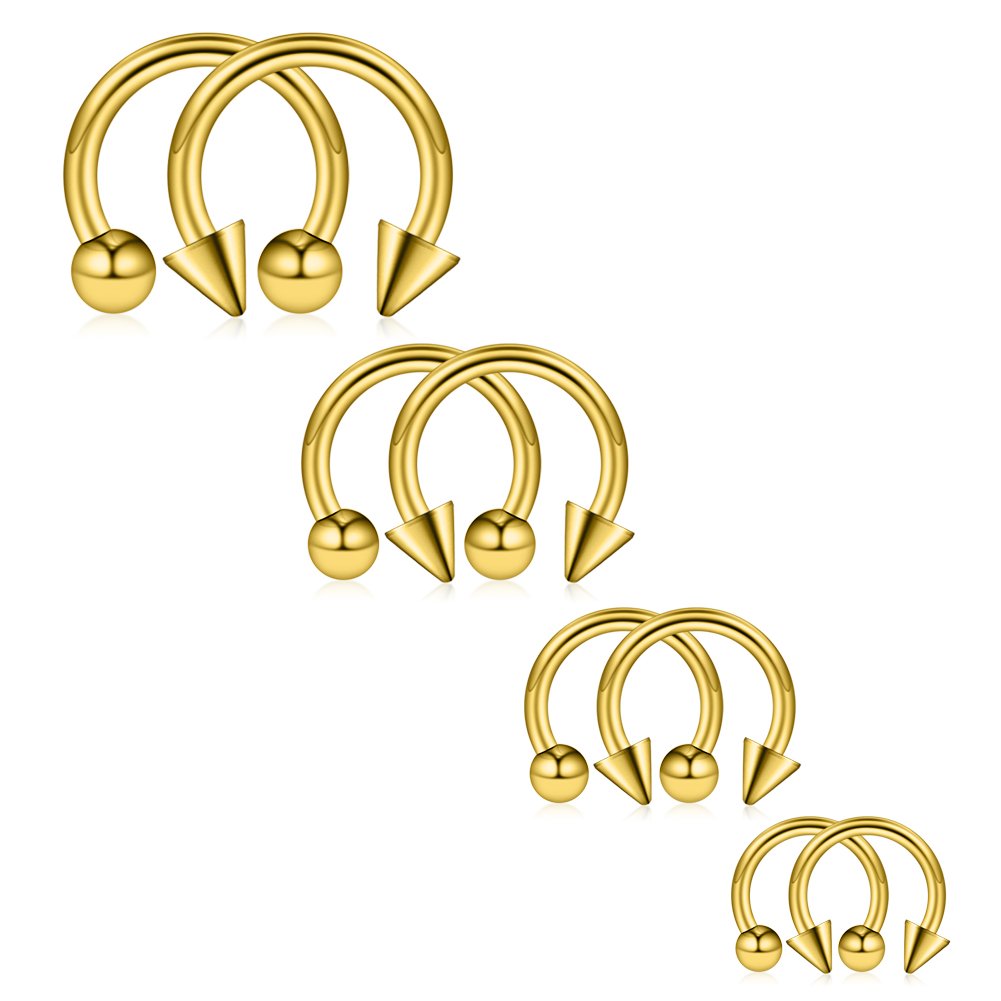 Ruifan 8PCS Surgical Steel CBR Nose Septum Horseshoe Earring Eyebrow Tongue Lip Piercing Ring with Balls & Spikes 14G 8-14mm - Gold