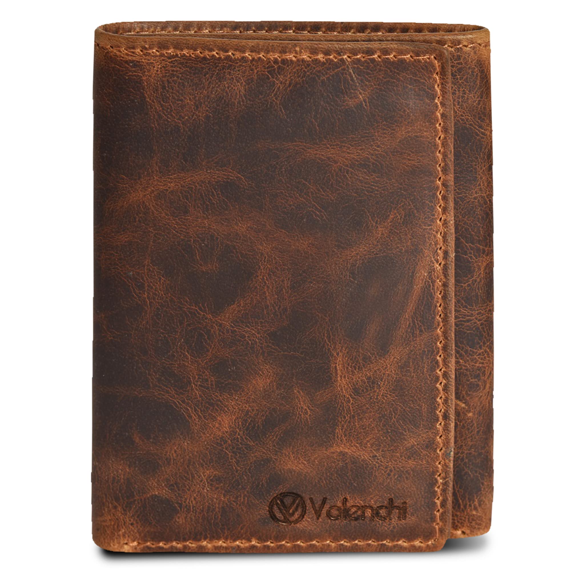 Genuine Leather Mens RFID Blocking Slim Trifold Wallet with 6 Cards+1 ID Window + 2 Note Compartments. - Cognac - S