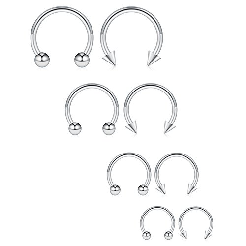 Ruifan 8PCS Surgical Steel CBR Nose Septum Horseshoe Earring Eyebrow Tongue Lip Piercing Ring with Balls & Spikes 16G 6-12mm - Silver