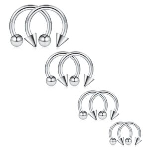 Ruifan 8PCS Surgical Steel CBR Nose Septum Horseshoe Earring Eyebrow Tongue Lip Piercing Ring with Balls & Spikes 12G 10-16mm - Silver