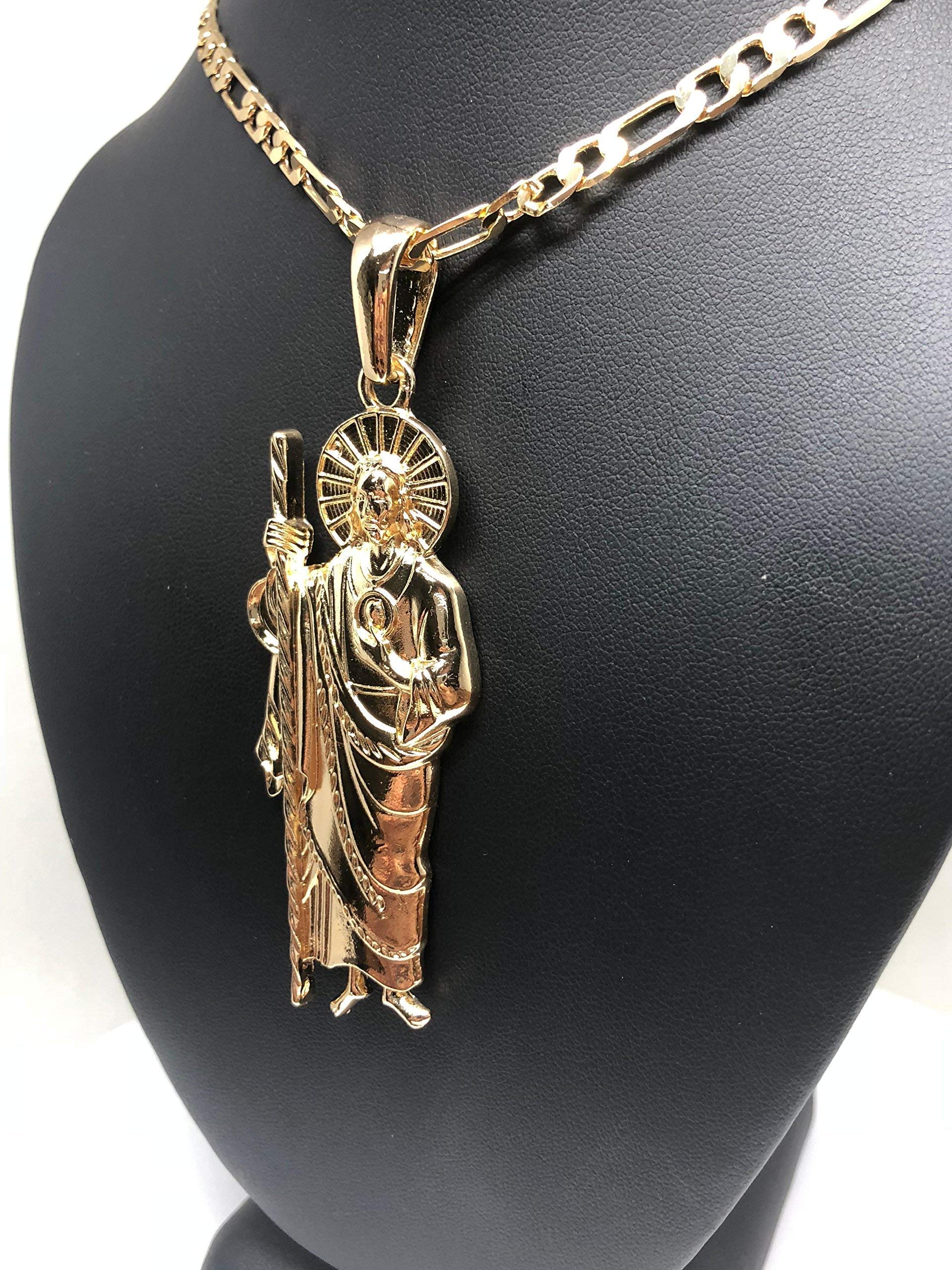 Fran & Co. Jewelry Gold Plated Big Saint Jude Pendant Necklace Figaro 26" San Judas Tadeo Medalla XL Cadena Oro