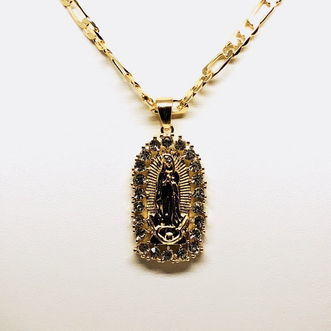 Gold Plated Virgin Mary Pendant Necklace Figaro 26" Virgen de Guadalupe Medalla Oro Laminado