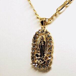 Gold Plated Virgin Mary Pendant Necklace Figaro 26" Virgen de Guadalupe Medalla Oro Laminado