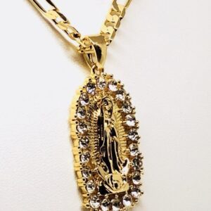 Gold Plated Virgin Mary Pendant Necklace Figaro 26" Virgen de Guadalupe Medalla Oro Laminado