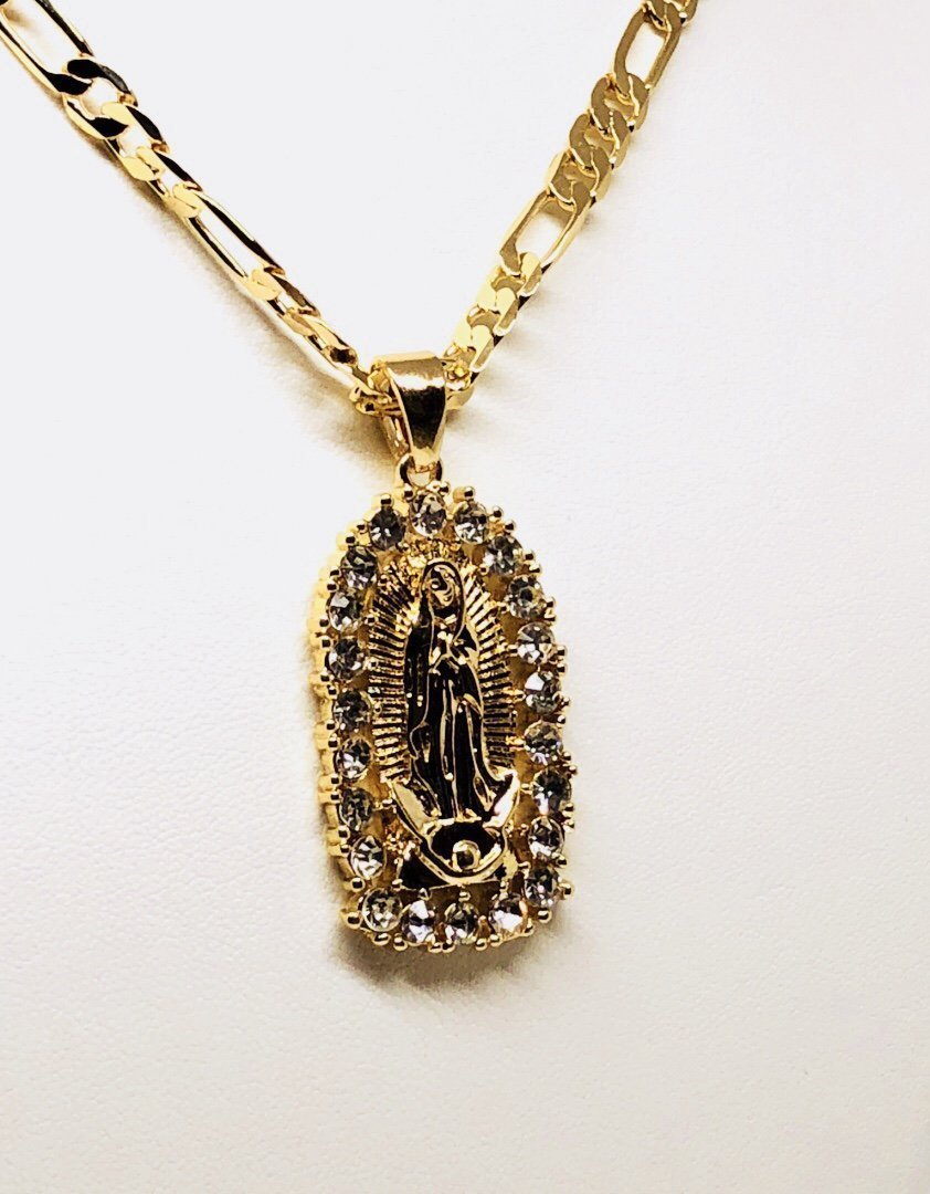 Gold Plated Virgin Mary Pendant Necklace Figaro 26" Virgen de Guadalupe Medalla Oro Laminado