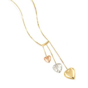 lucchetta - tri-gold 3 puffed family hearts necklace, white rose yellow gold heart, tiny gold chain 16+2 inch - gift ready box