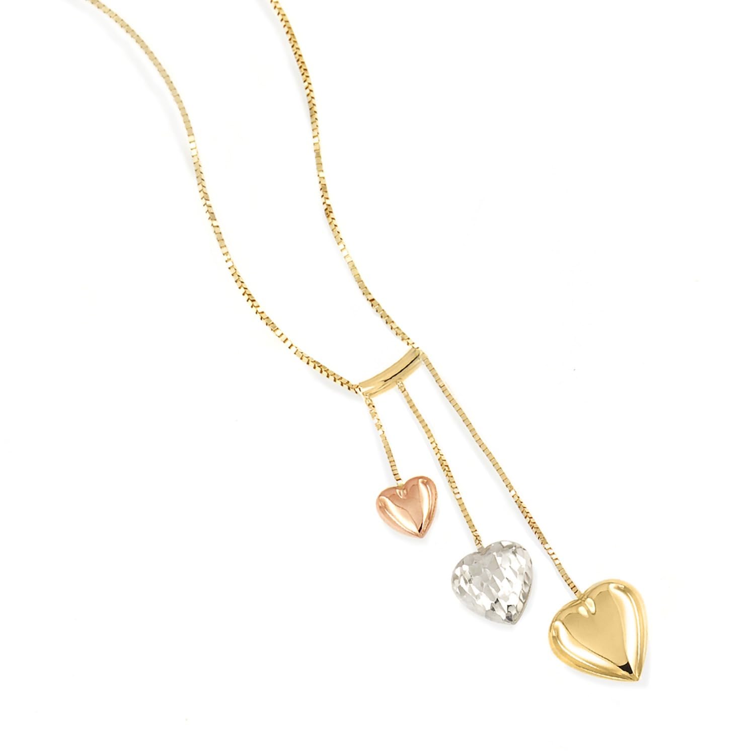 Lucchetta - Tri-Gold 3 Puffed Family Hearts Necklace, White Rose Yellow Gold Heart, Tiny Gold Chain 16+2 Inch - Gift Ready Box