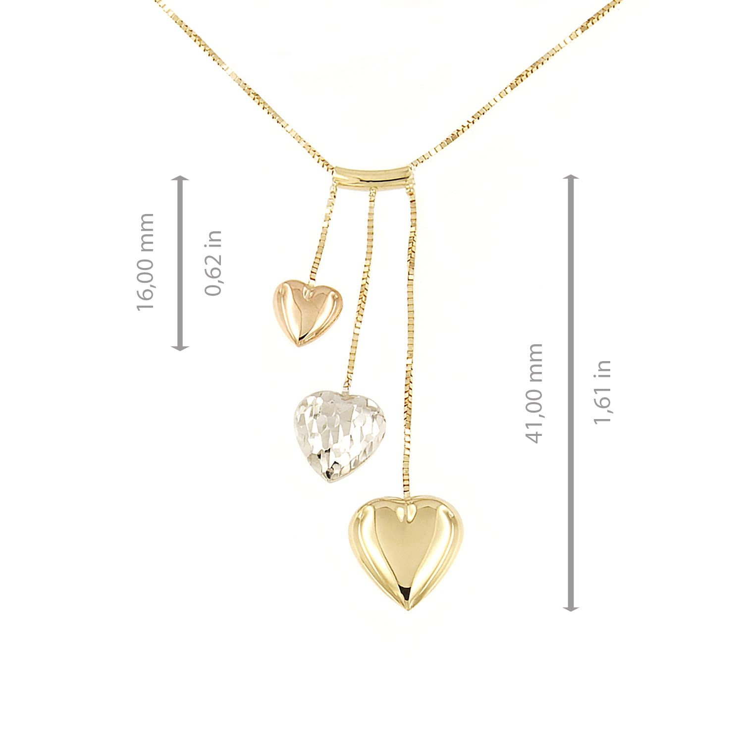 Lucchetta - Tri-Gold 3 Puffed Family Hearts Necklace, White Rose Yellow Gold Heart, Tiny Gold Chain 16+2 Inch - Gift Ready Box