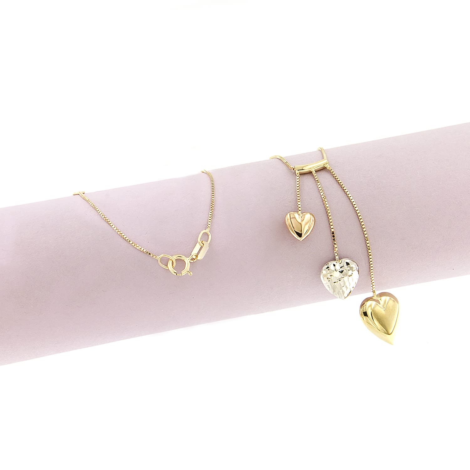 Lucchetta - Tri-Gold 3 Puffed Family Hearts Necklace, White Rose Yellow Gold Heart, Tiny Gold Chain 16+2 Inch - Gift Ready Box